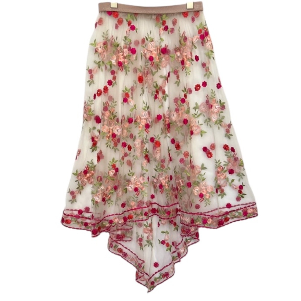 Handmade floral embroider sheer skirt pink red hi lo Whimsigoth Coquette XS/S